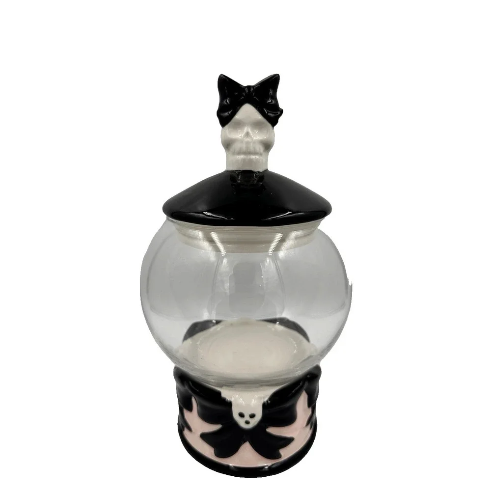 Cobwebs & Cauldrons Candy Jar Black White Glass Skeleton Bow Halloween Gothic